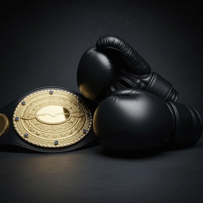 Boxing gloves and a championship belt on a dark background