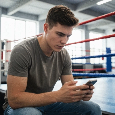 Person using a smartphone to check boxing results with a boxing ring in the background, vibrant lighting, no text, no words, no typography, 8K
