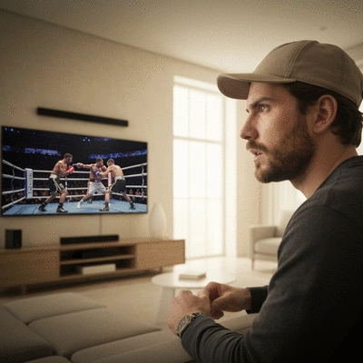 A boxing fan intently watching a fight on a screen, with excited expression