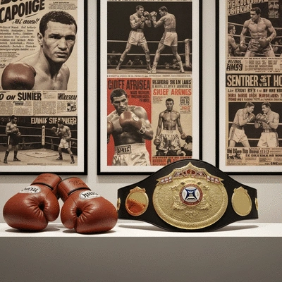 Collection of boxing memorabilia including signed gloves, a championship belt, and vintage fight posters on display in a well-lit room