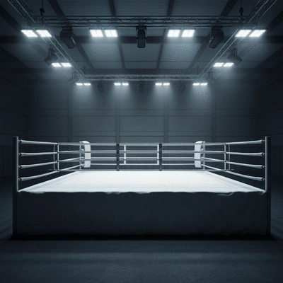 Boxing ring with bright lights, empty, clean and ready for a fight