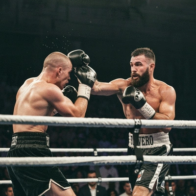 Two boxers exchanging punches in a brightly lit boxing ring during a match, dynamic action shot
