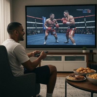 Excited boxing fan watching a live match on a large screen at home, holding a remote, with snacks nearby
