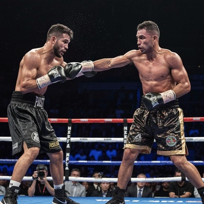 Professional boxing match in action, with two boxers exchanging blows in a well-lit ring, audience blurred in background