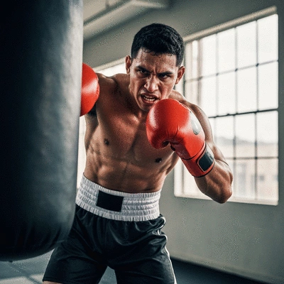 Professional boxer in intense training, hitting a punching bag, dynamic pose, sweat, focus, gym background