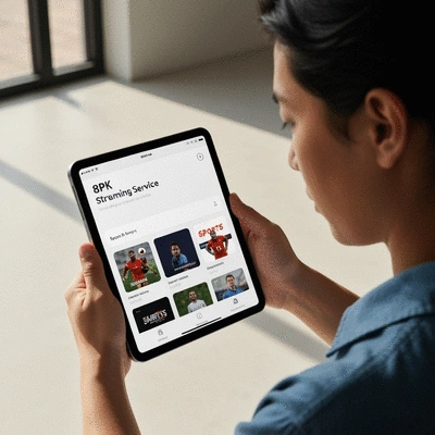 Person using a tablet to compare different streaming service apps for sports, clean modern interface, no text, no words, no typography, 8K
