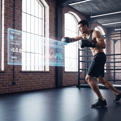 Modern boxing gym with a boxer training, data overlays on screen