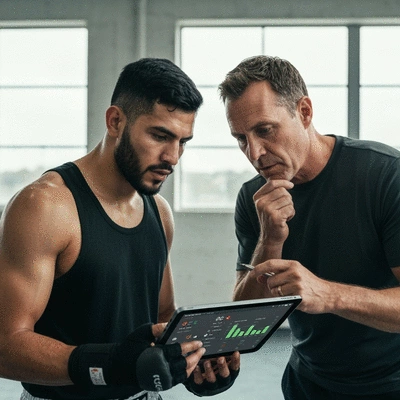 Boxing athlete reviewing performance metrics on a tablet with a coach