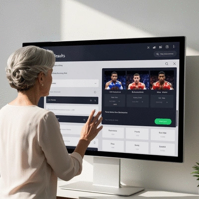 Person interacting with a boxing streaming service interface on a large screen, showing live results and exclusive content, modern UI, no text, no words, no typography, 8K