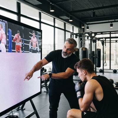 Boxing trainer and boxer reviewing fight footage on a large screen