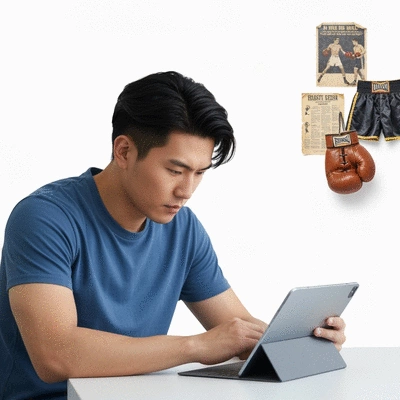Boxing fan analyzing fight results on a modern tablet, surrounded by boxing memorabilia, clean image, no text, no words, no typography