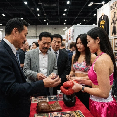 Group of diverse boxing fans and collectors interacting and sharing memorabilia at a boxing event or convention, vibrant atmosphere