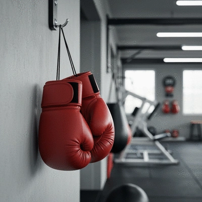 Boxing gloves hanging on a gym wall, clean and focused