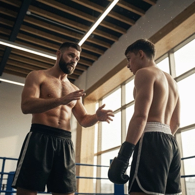 Boxing coach discussing strategy with a fighter in a gym