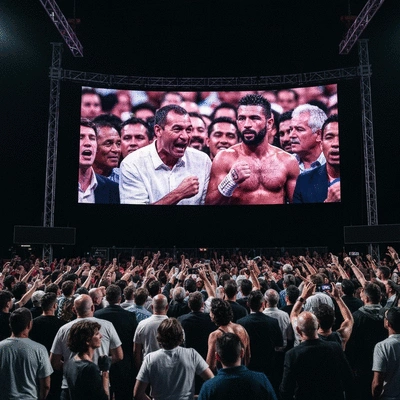 Boxing fans watching a match on a large screen with excitement