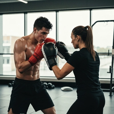 Boxing fighter training in a gym, focus mitts, determination