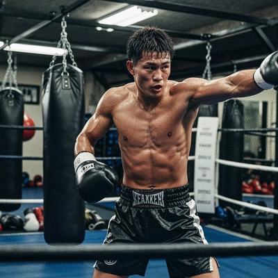 Naoya Inoue training with focus and intensity in a boxing gym, dynamic action shot