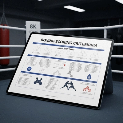 Detailed infographic explaining boxing scoring criteria and decision types, clean image, no text, no words, no typography