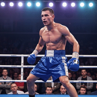 Boxing fighter in the ring, dynamic pose, crowd in background