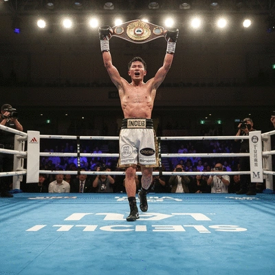 Naoya Inoue holding up a championship belt in a boxing ring, celebrating a victory
