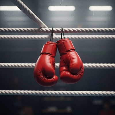 Close-up of boxing gloves hanging on the ropes of a boxing ring, ready for action, focused