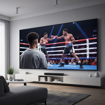 Person watching a boxing match on a large screen at home, modern living room, high-definition, no text, no words, no typography, 8K