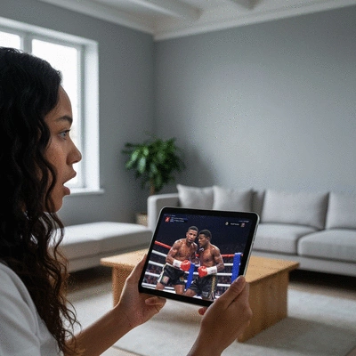Person watching a live boxing match on a tablet or smart TV, engaged expression, modern living room setting