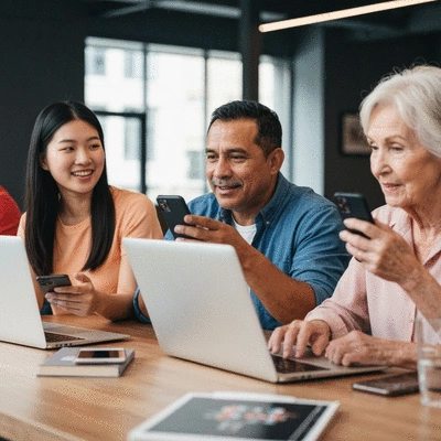 Diverse group of boxing fans engaging online, laptops and smartphones, vibrant and modern setting