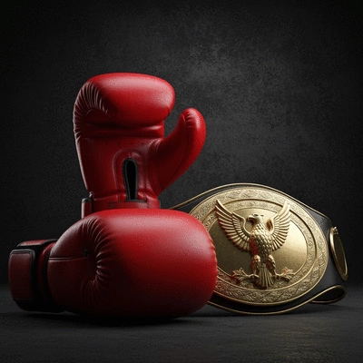 Boxing gloves and a championship belt on a dark background