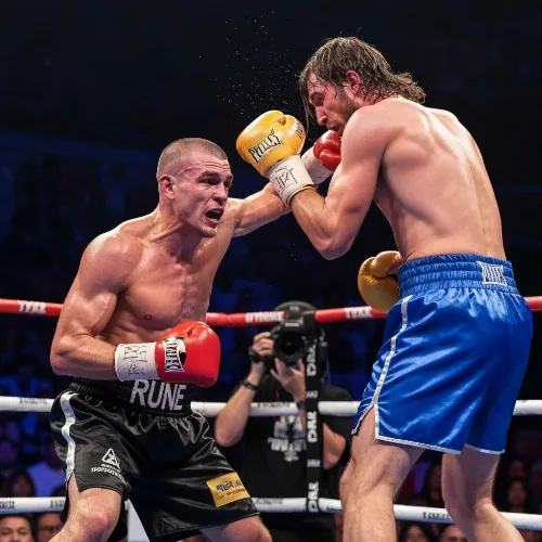 Boxing match in action, two boxers in the ring